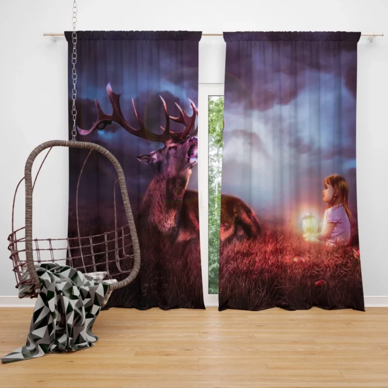 Fantasy Child with Deer Nighttime Enchantment Curtain