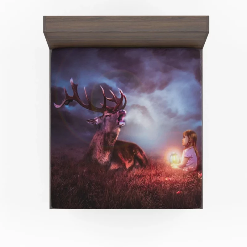 Fantasy Child with Deer Nighttime Enchantment Fitted Sheet 1