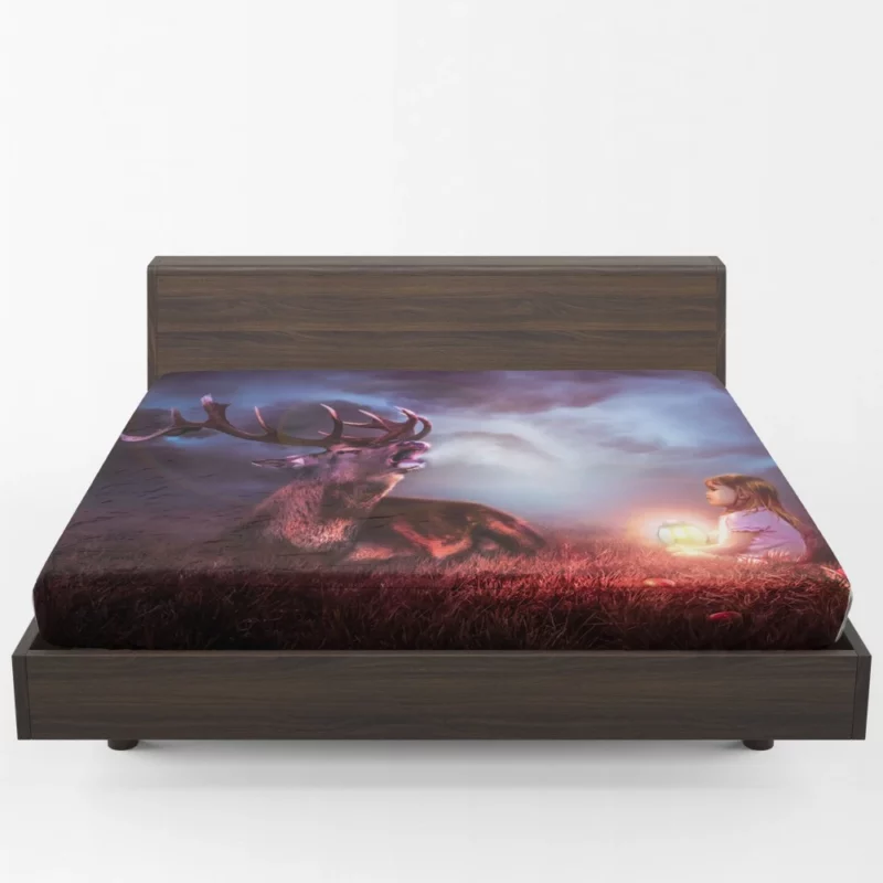 Fantasy Child with Deer Nighttime Enchantment Fitted Sheet