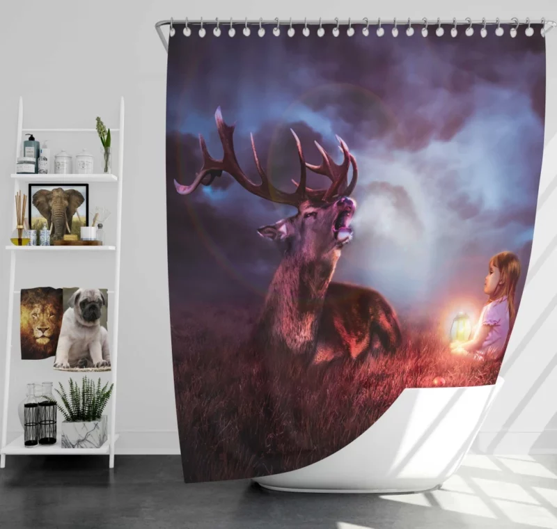 Fantasy Child with Deer Nighttime Enchantment Shower Curtain