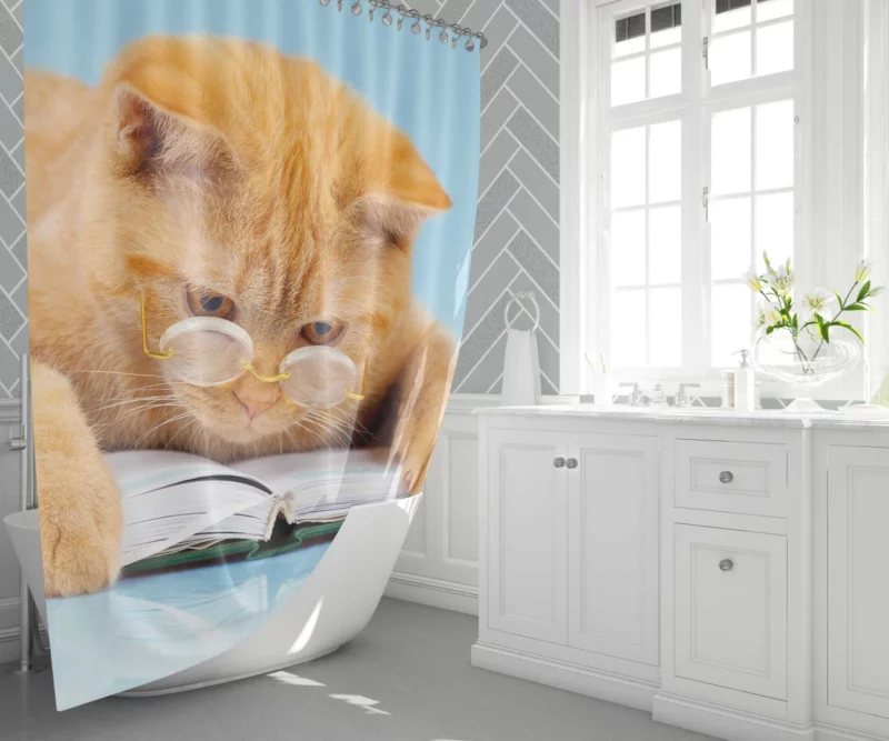 Feline Scholar Glasses & Books Shower Curtain 1