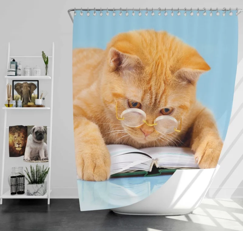 Feline Scholar Glasses & Books Shower Curtain