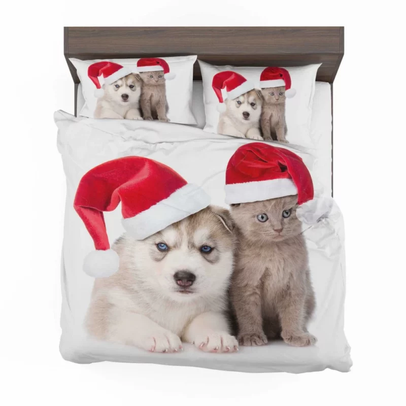 Festive Puppy & Kitten Duo Holiday Joy Bedding Set 1