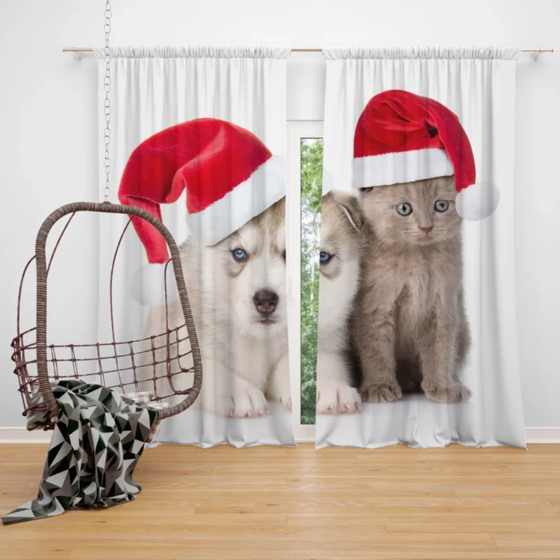 Festive Puppy & Kitten Duo Holiday Joy Curtain