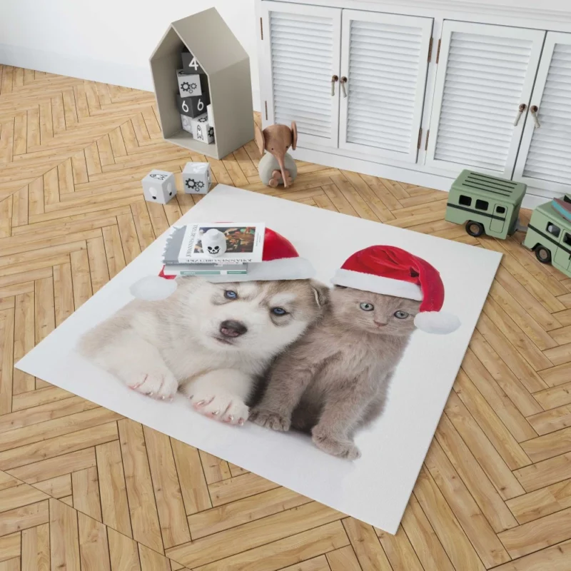 Festive Puppy & Kitten Duo Holiday Joy Rug 1