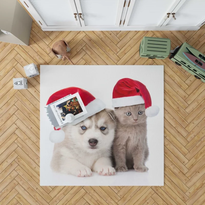 Festive Puppy & Kitten Duo Holiday Joy Rug