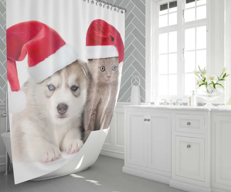 Festive Puppy & Kitten Duo Holiday Joy Shower Curtain 1