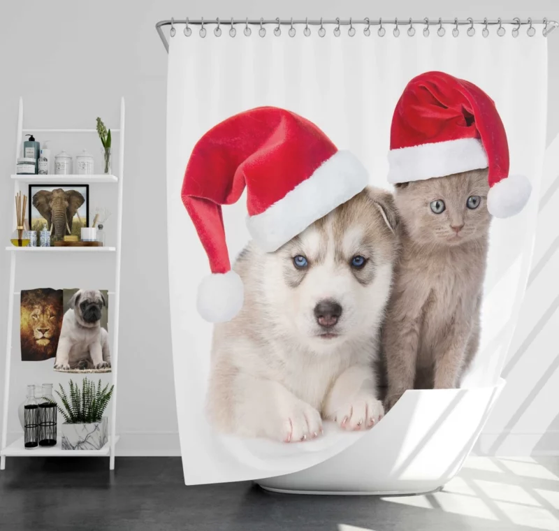 Festive Puppy & Kitten Duo Holiday Joy Shower Curtain