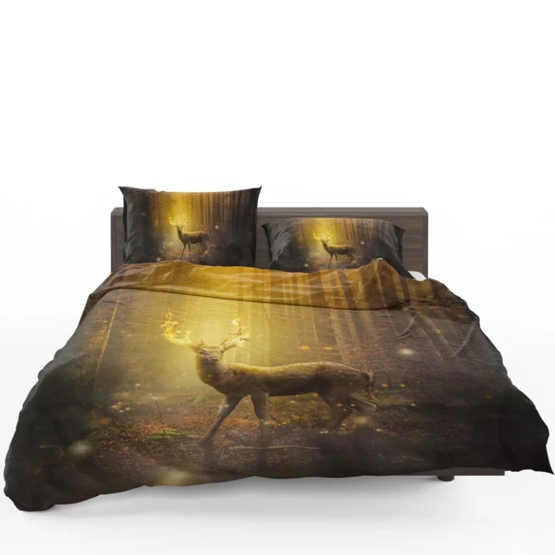 Fire Antlered Fantasy Deer in Forest Bedding Set