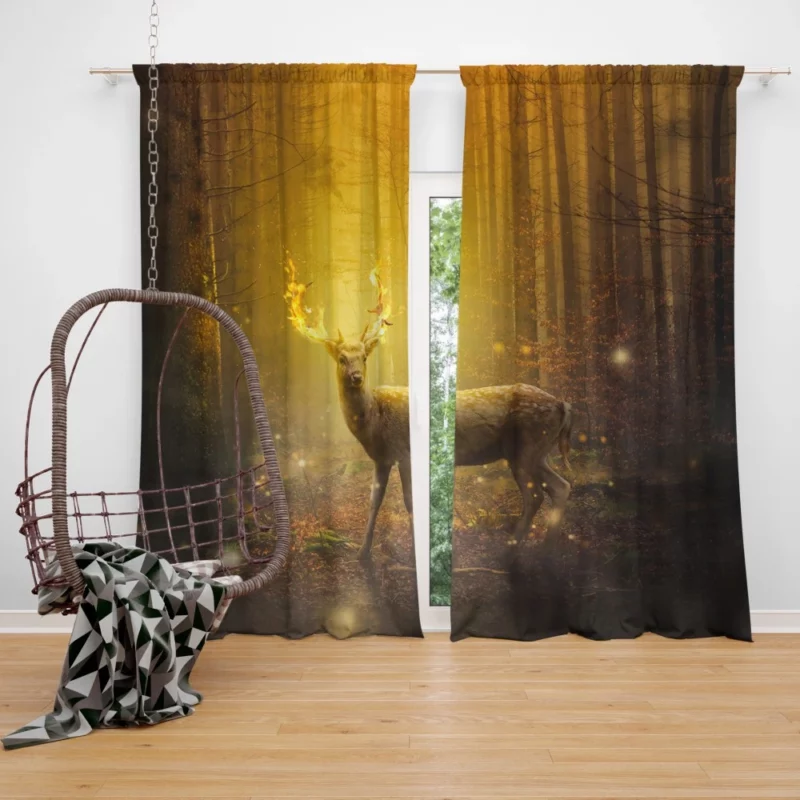 Fire Antlered Fantasy Deer in Forest Curtain