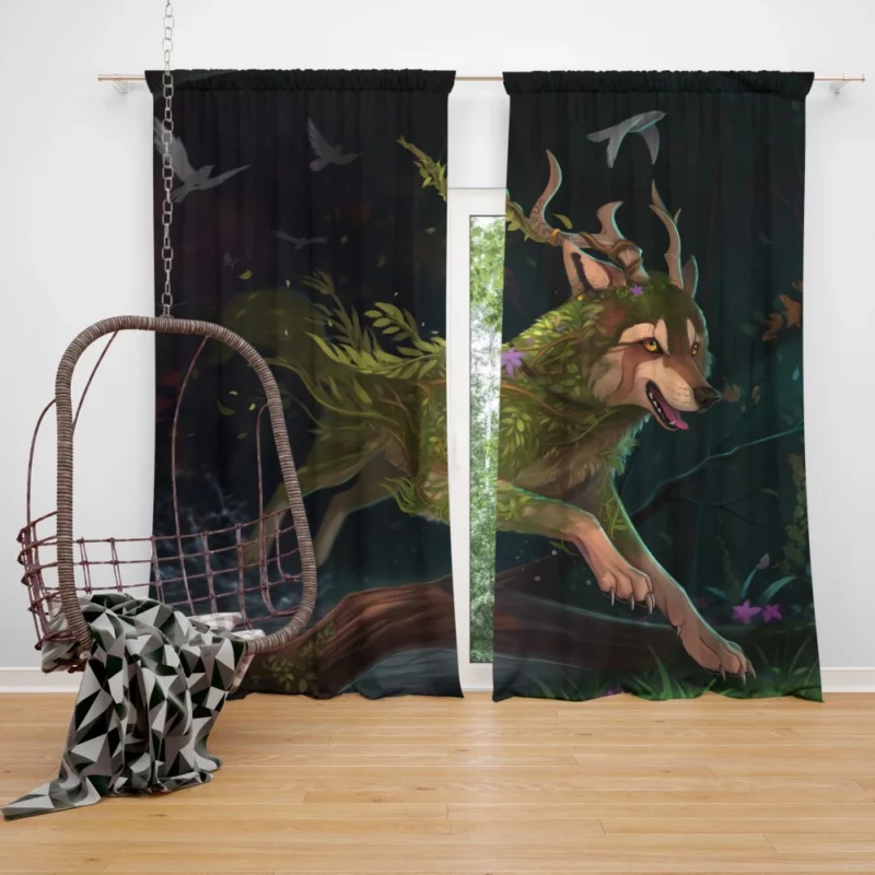 Forest Horned Wolf Enchanted Wilderness Curtain