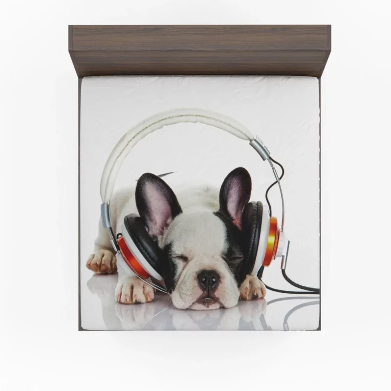 French Bulldog with Headphones Music-Loving Moment Fitted Sheet 1