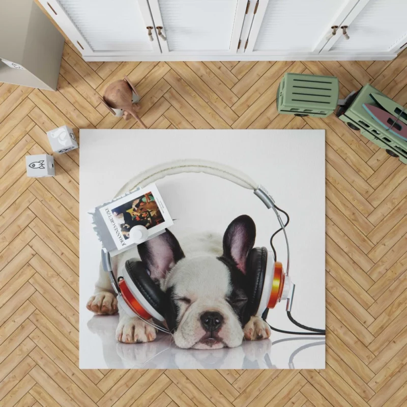 French Bulldog with Headphones Music-Loving Moment Rug