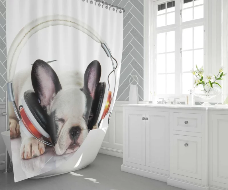 French Bulldog with Headphones Music-Loving Moment Shower Curtain 1