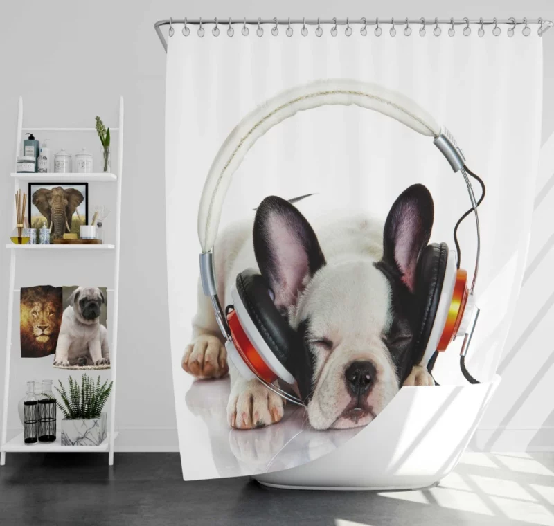 French Bulldog with Headphones Music-Loving Moment Shower Curtain