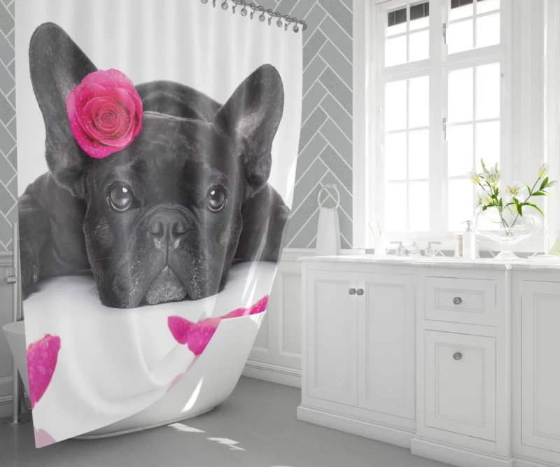 French Bulldog with Petal Charm Shower Curtain 1