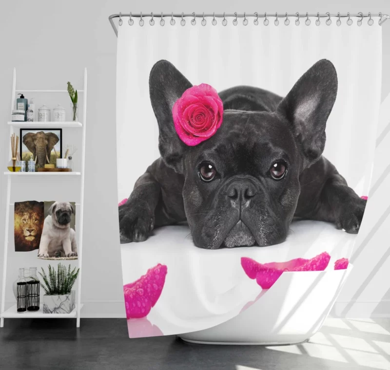 French Bulldog with Petal Charm Shower Curtain