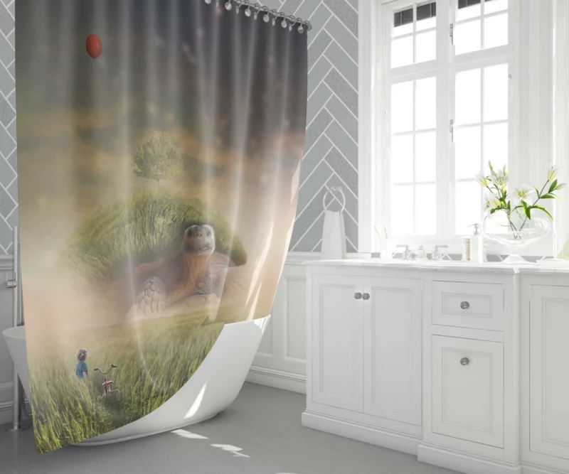 Giant Turtle in Fantasy Landscape Shower Curtain 1