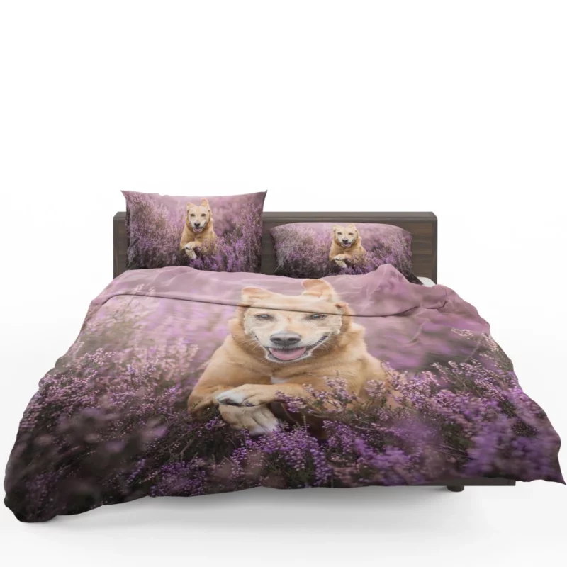 Golden Retriever Amidst Purple Bloom Bedding Set