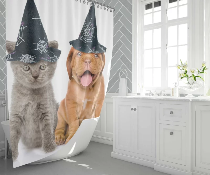 Halloween Duo Witchy Puppy and Kitten Shower Curtain 1