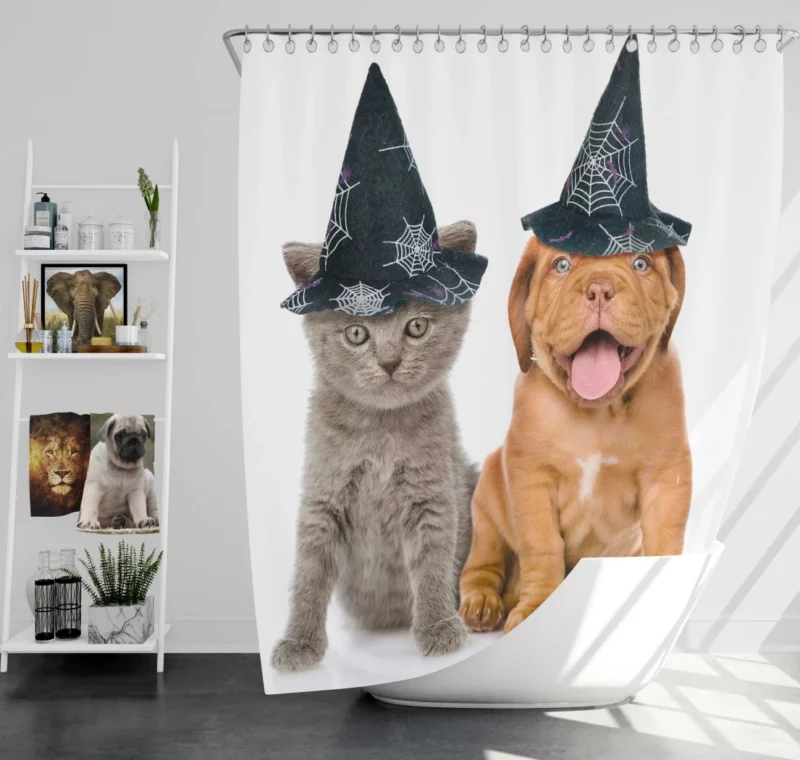 Halloween Duo Witchy Puppy and Kitten Shower Curtain