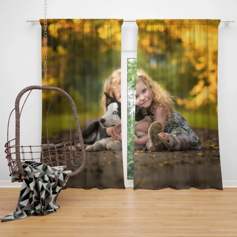 Heartwarming Child and Loyal Dog Bond Curtain