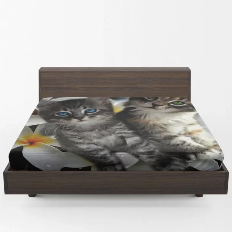 Kittens in Plumeria Bliss Whiskered Joy Fitted Sheet