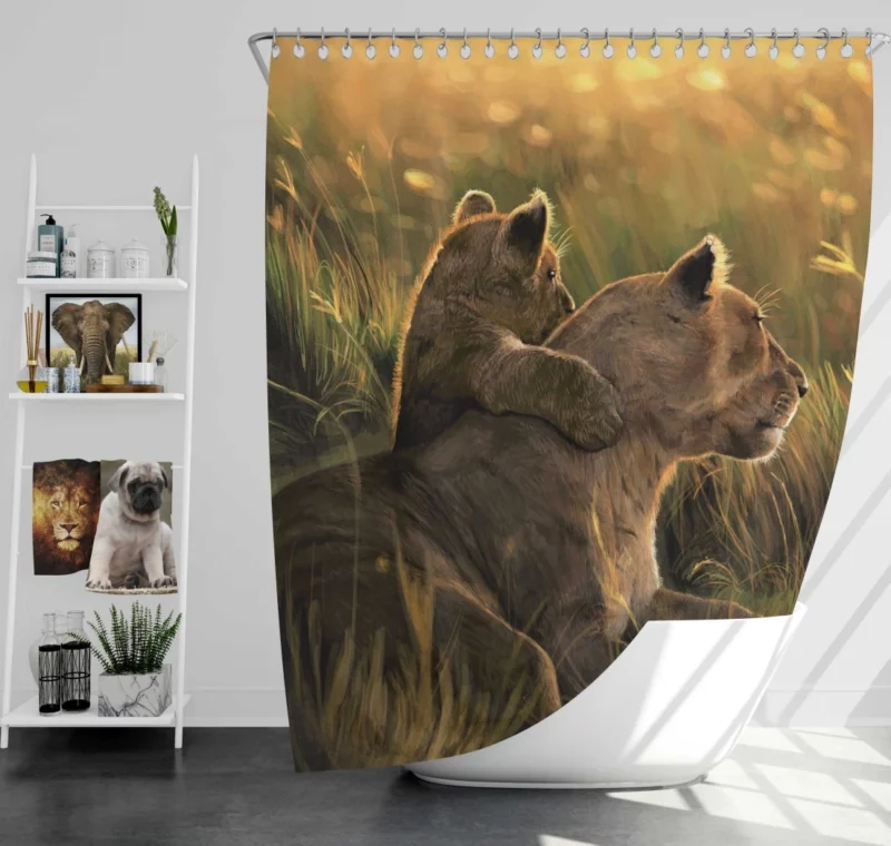 Lion Cub Tender Hug Familial Love Shower Curtain