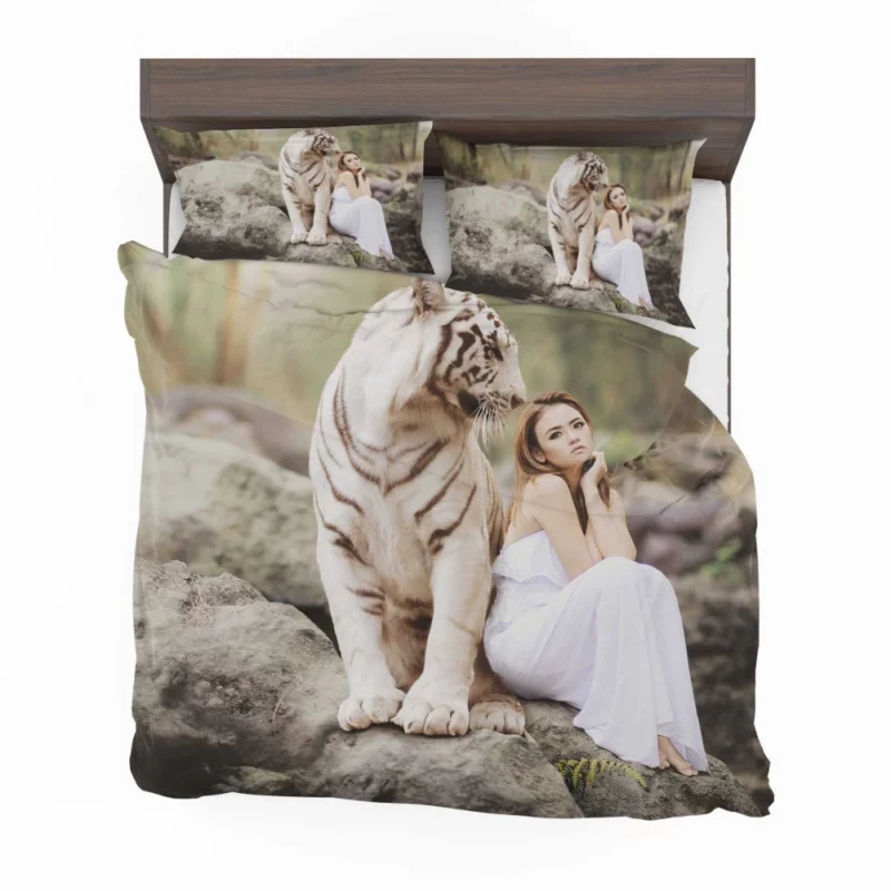 Model Girl Photoshoot with White Tiger Bedding Set 1