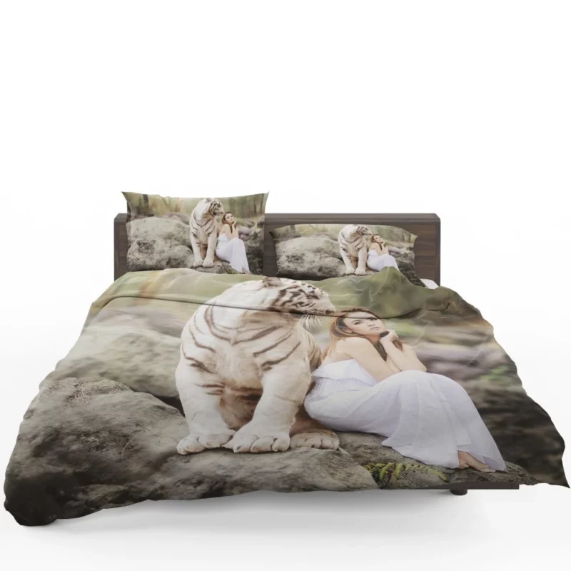 Model Girl Photoshoot with White Tiger Bedding Set