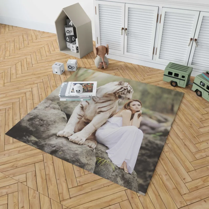 Model Girl Photoshoot with White Tiger Rug 1