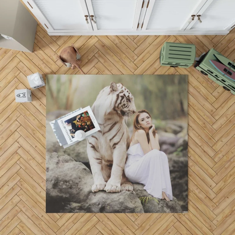 Model Girl Photoshoot with White Tiger Rug