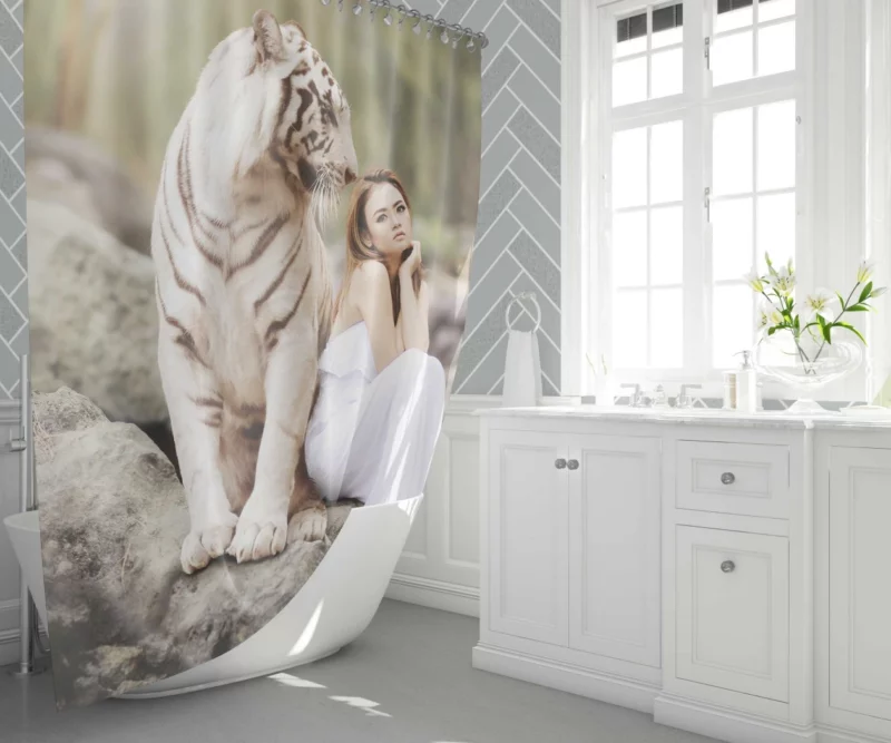 Model Girl Photoshoot with White Tiger Shower Curtain 1