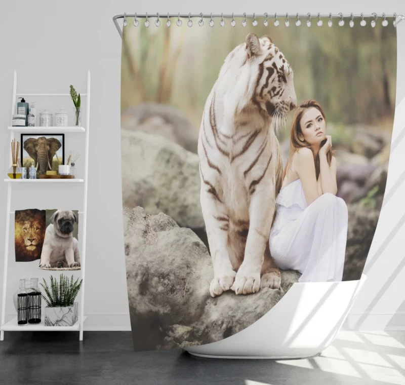 Model Girl Photoshoot with White Tiger Shower Curtain