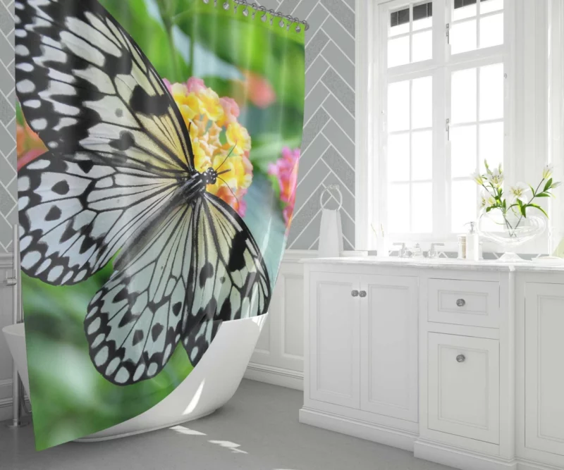 Monochrome Malabar Butterfly Floral Elegance Shower Curtain 1