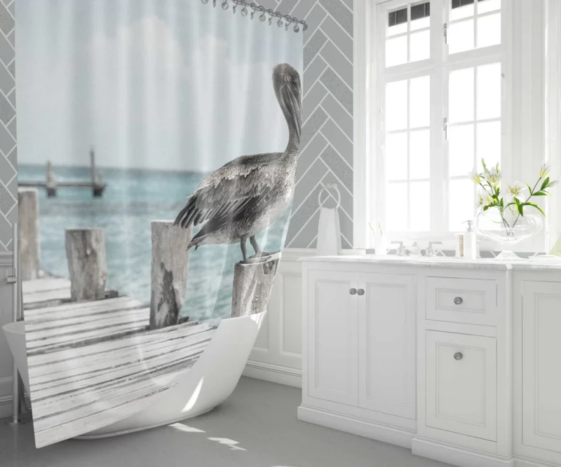 Pelicans on Pier Coastal Gathering Shower Curtain 1