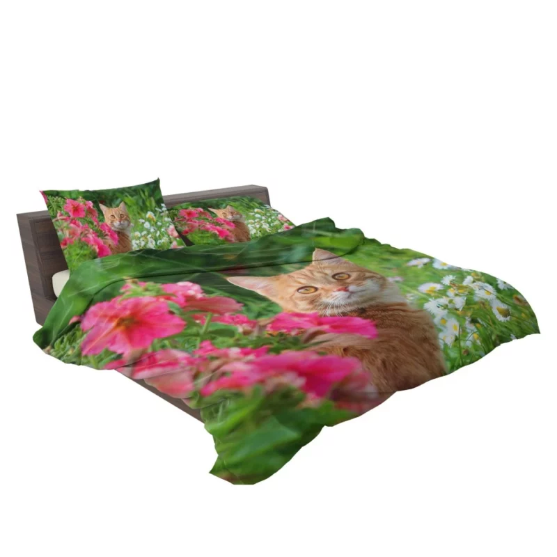 Pink Flower Encounter Cat Curious Stare Bedding Set 2