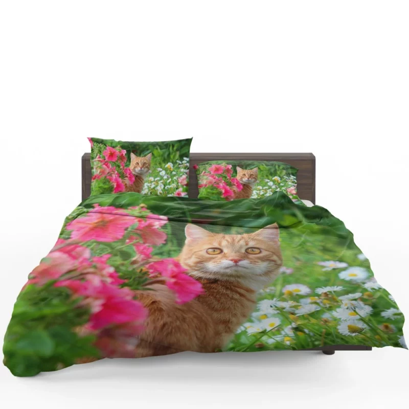 Pink Flower Encounter Cat Curious Stare Bedding Set