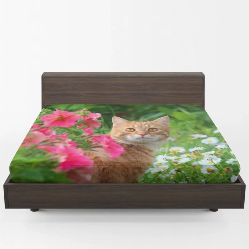 Pink Flower Encounter Cat Curious Stare Fitted Sheet