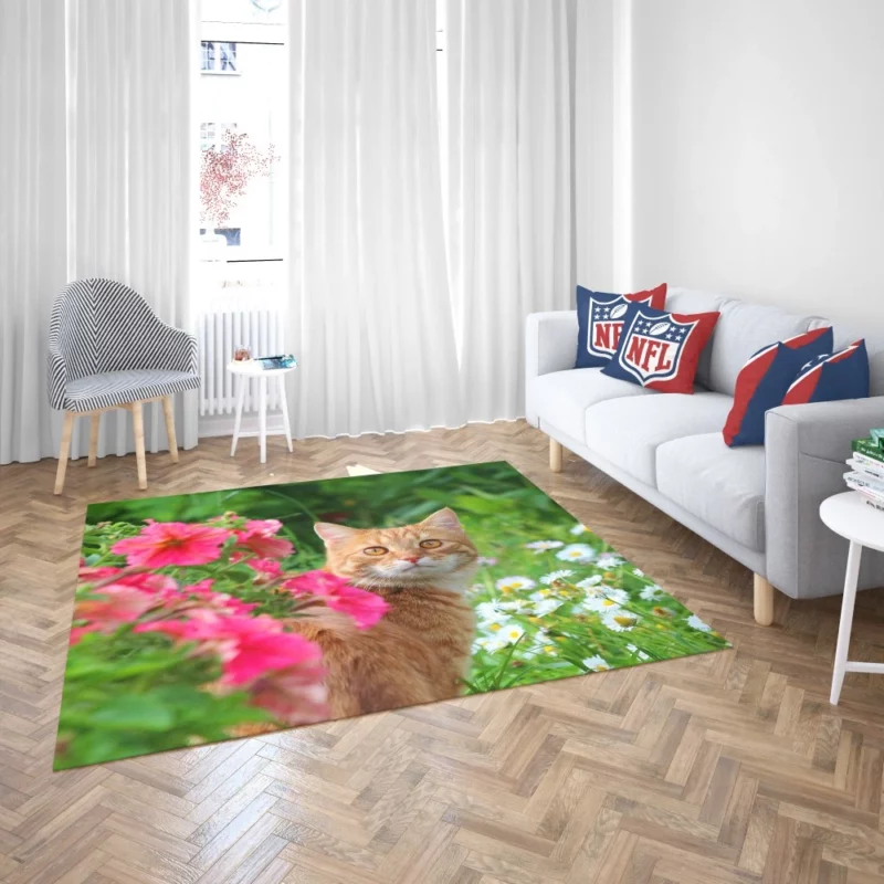 Pink Flower Encounter Cat Curious Stare Rug 2