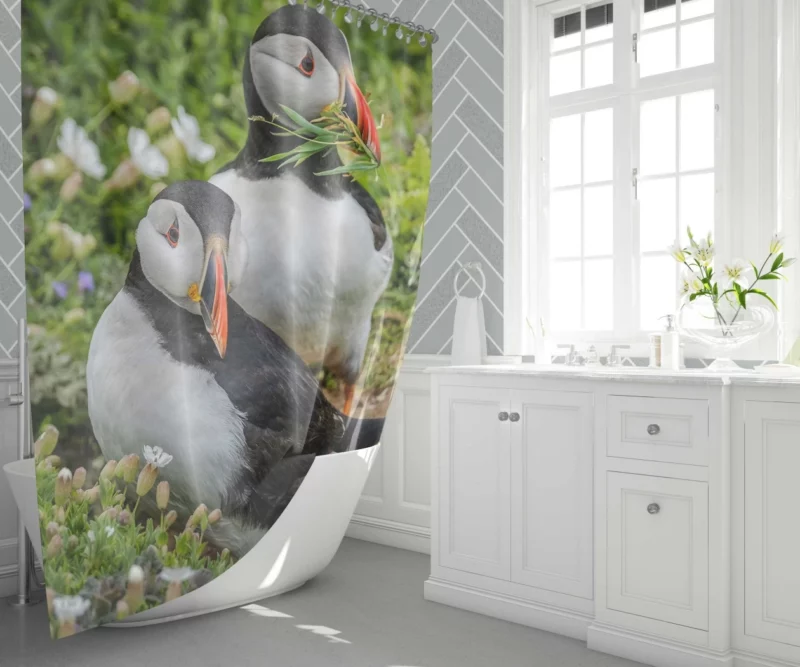 Puffin Whimsical Stance Coastal Watcher Shower Curtain 1