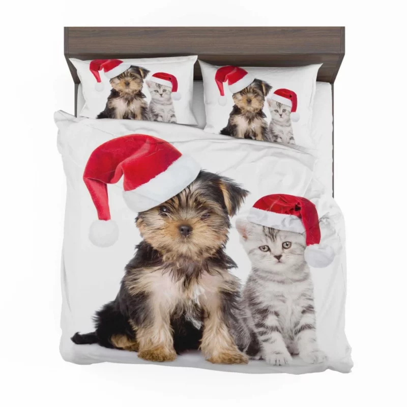 Puppy & Kitten with Santa Hats Festive Delight Bedding Set 1