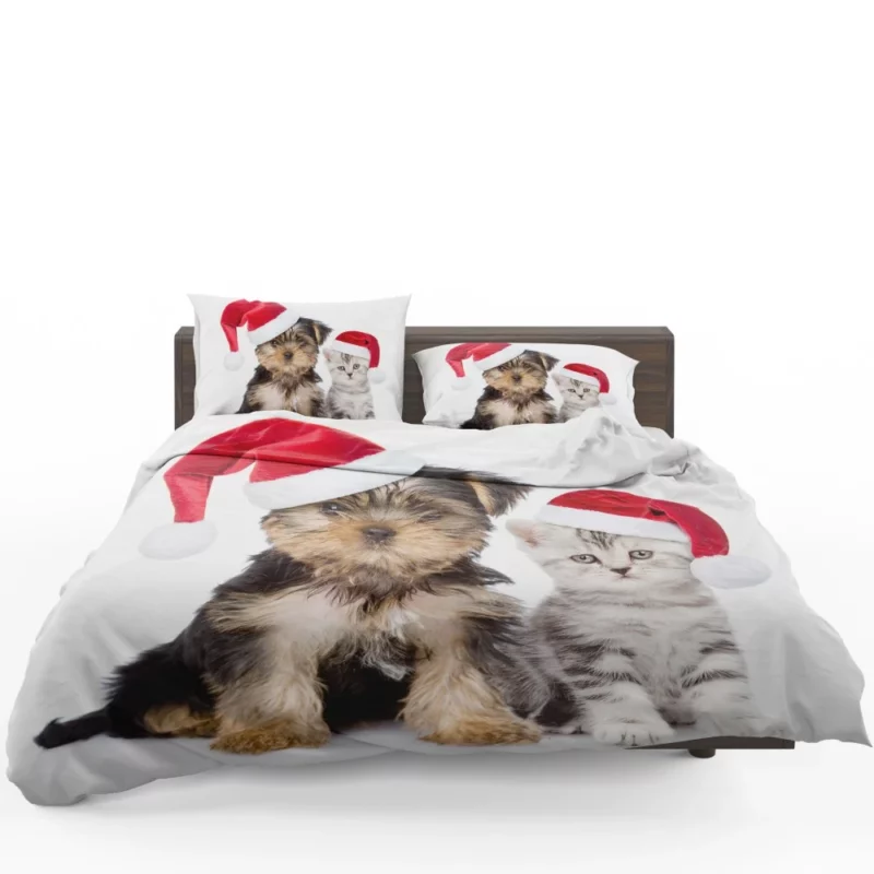 Puppy & Kitten with Santa Hats Festive Delight Bedding Set