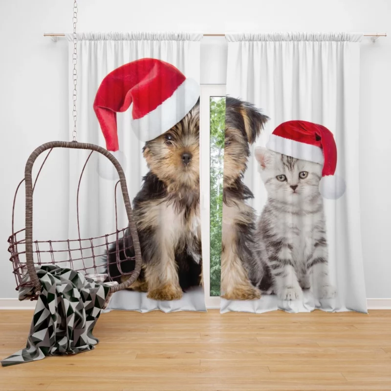 Puppy & Kitten with Santa Hats Festive Delight Curtain