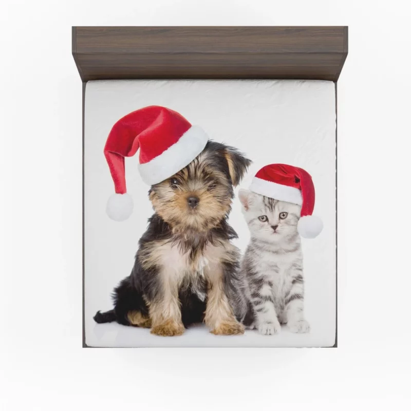 Puppy & Kitten with Santa Hats Festive Delight Fitted Sheet 1