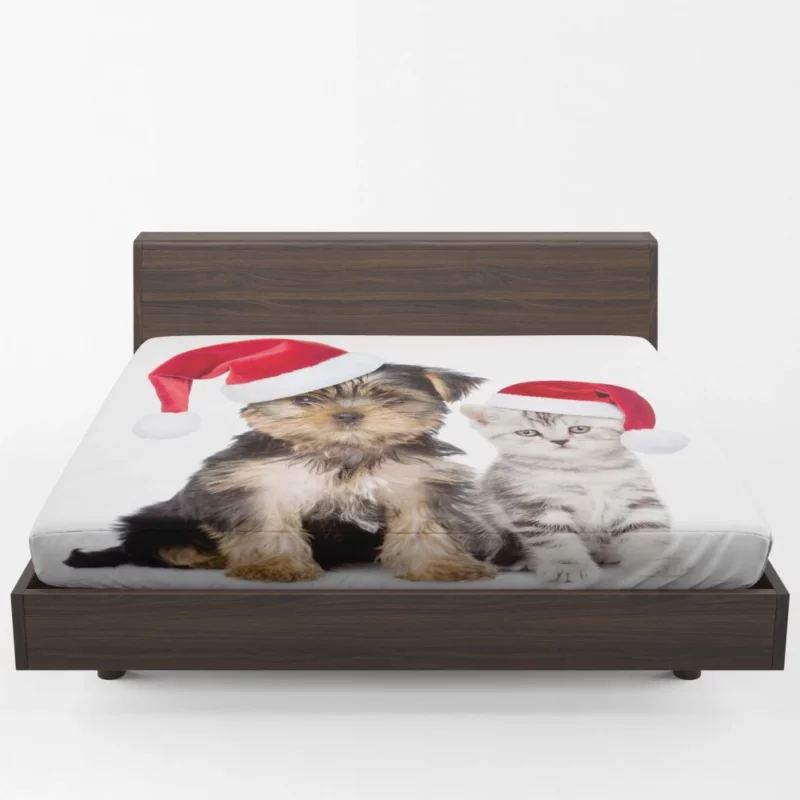 Puppy & Kitten with Santa Hats Festive Delight Fitted Sheet