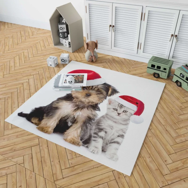 Puppy & Kitten with Santa Hats Festive Delight Rug 1