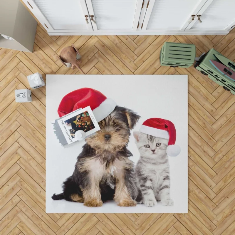 Puppy & Kitten with Santa Hats Festive Delight Rug