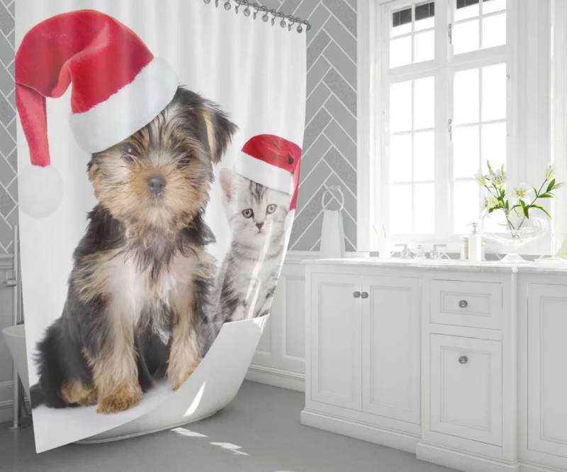 Puppy & Kitten with Santa Hats Festive Delight Shower Curtain 1