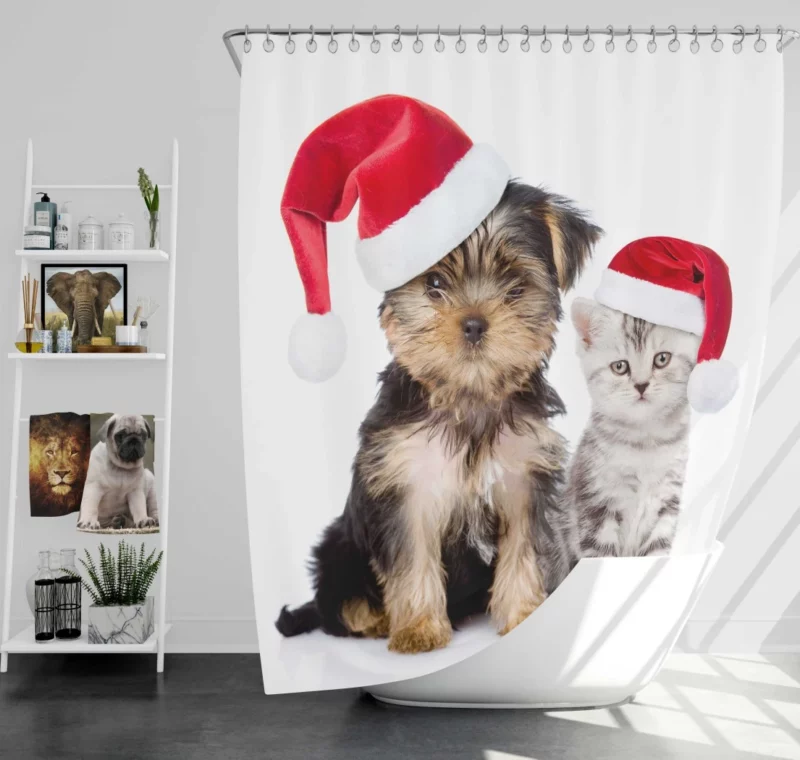 Puppy & Kitten with Santa Hats Festive Delight Shower Curtain